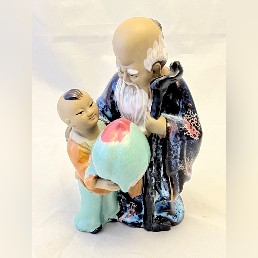 Chinese Signed China Clay Shou Xin Gong God Longevity Mudman Statue, VTG EUC